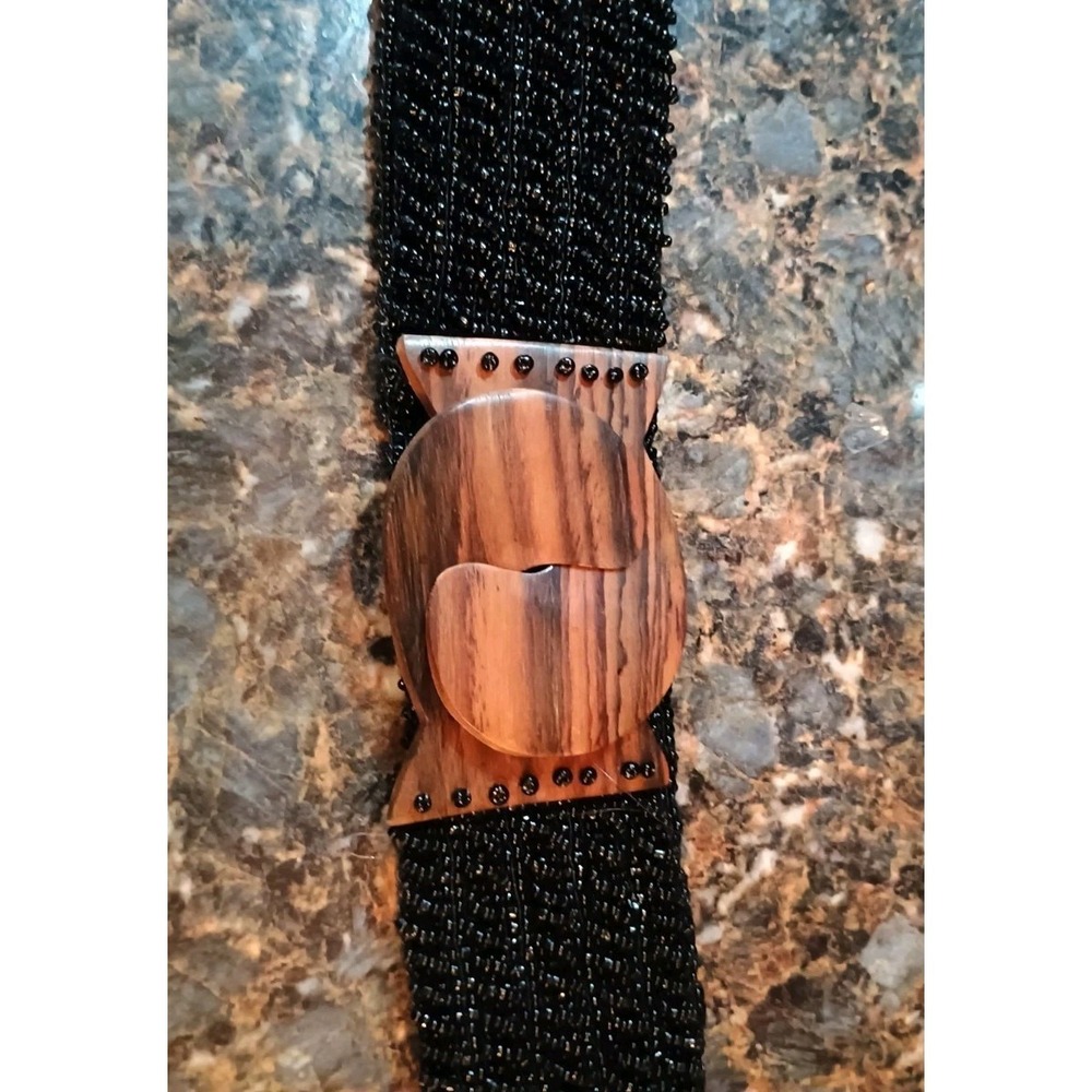 Wood‎ Bead Stretch Belt Wooden Clasp Boho Thick 2.5" Wide M/L. 36" Vintage